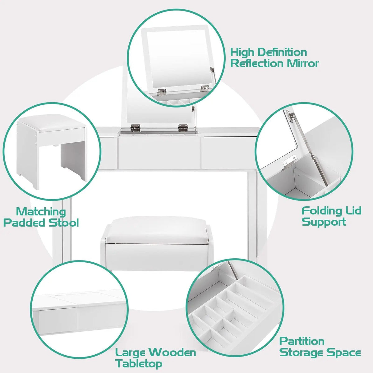 Vanity Makeup Dressing Table Set with Flip Top Mirror and Cushioned Stool by DirectDeals