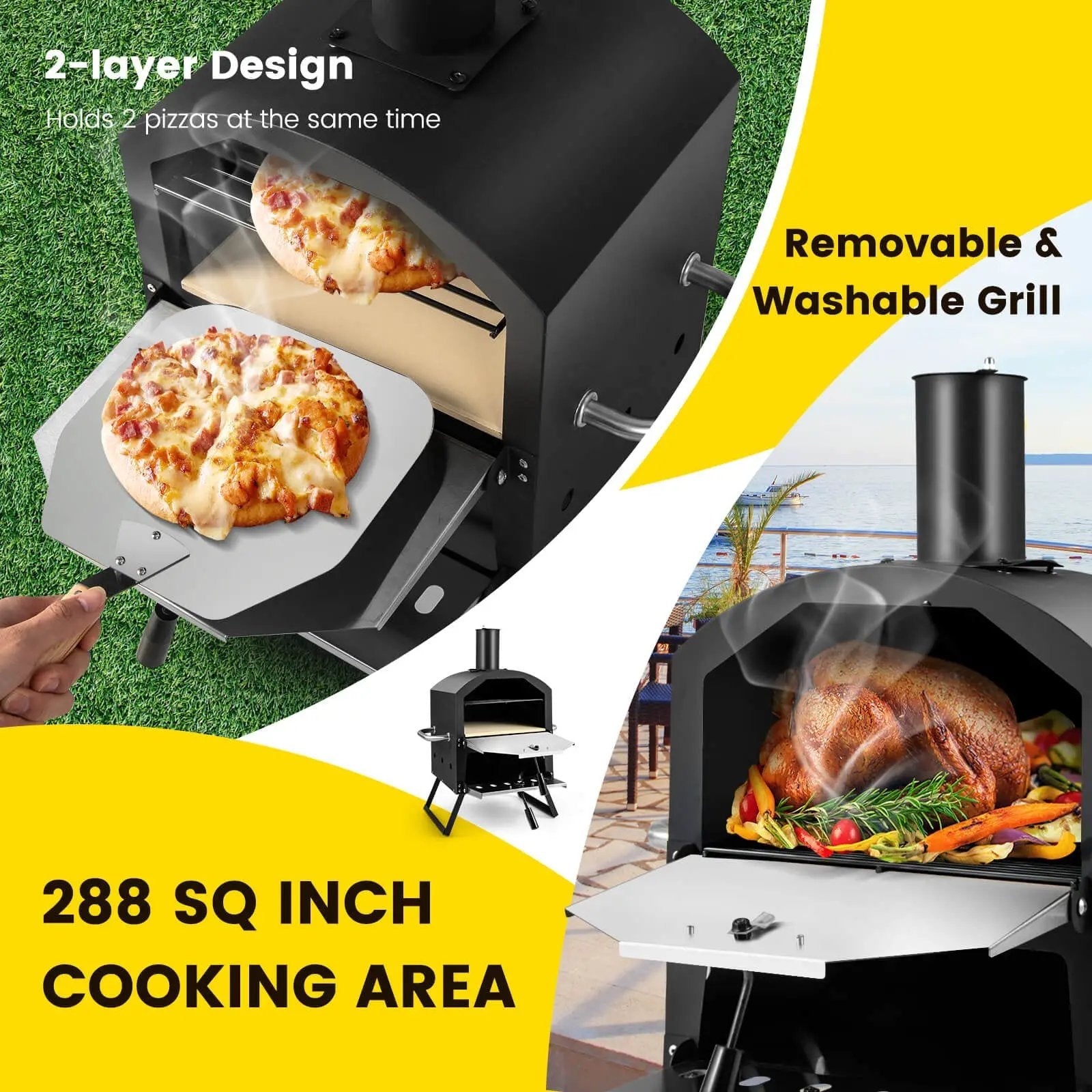 Outdoor Pizza Oven with Anti-scalding Handles and Foldable Legs-Black by DirectDeals