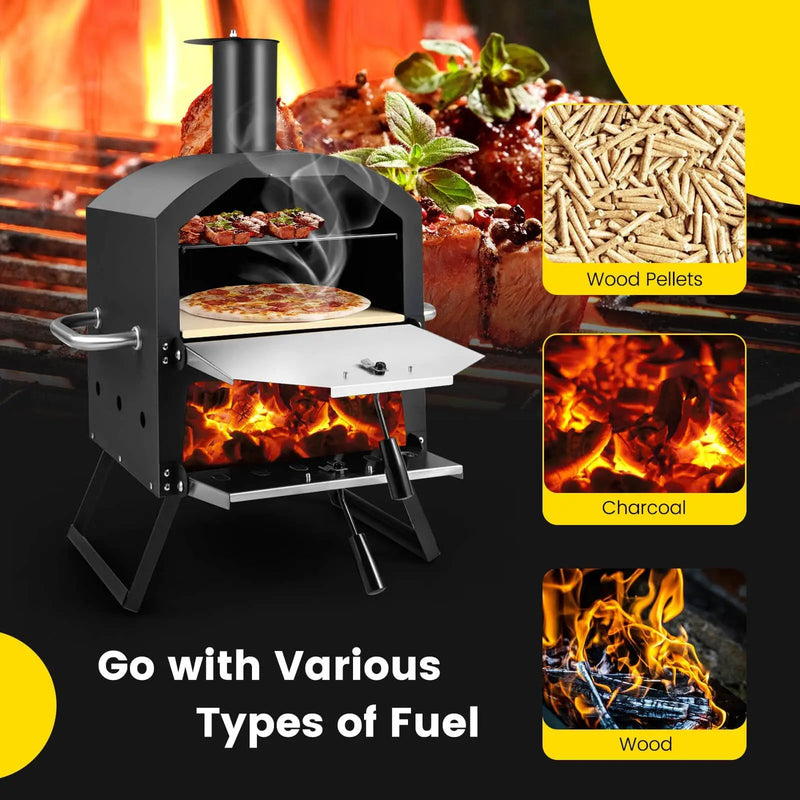 Outdoor Pizza Oven with Anti-scalding Handles and Foldable Legs-Black by DirectDeals