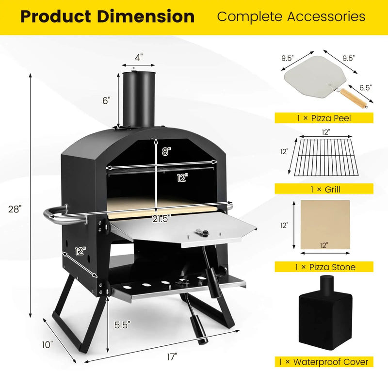 Outdoor Pizza Oven with Anti-scalding Handles and Foldable Legs-Black by DirectDeals