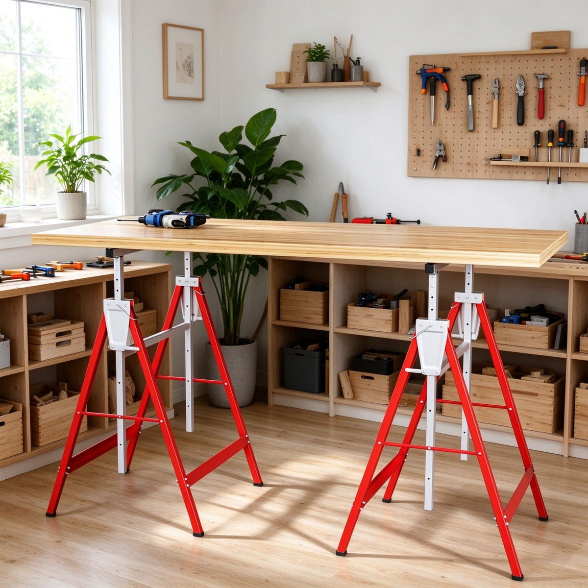 2‑Pack Heavy‑Duty Folding Sawhorse, Adjustable Height Steel Work Stand, Portable Carpenter Work Bench Support for Construction & DIY Projects(Only 2 pcs Telescopic Builders Trestle)