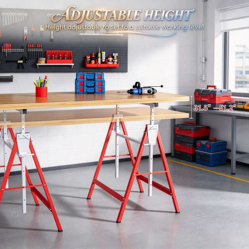 2‑Pack Heavy‑Duty Folding Sawhorse, Adjustable Height Steel Work Stand, Portable Carpenter Work Bench Support for Construction & DIY Projects(Only 2 pcs Telescopic Builders Trestle), photo 3 of 8