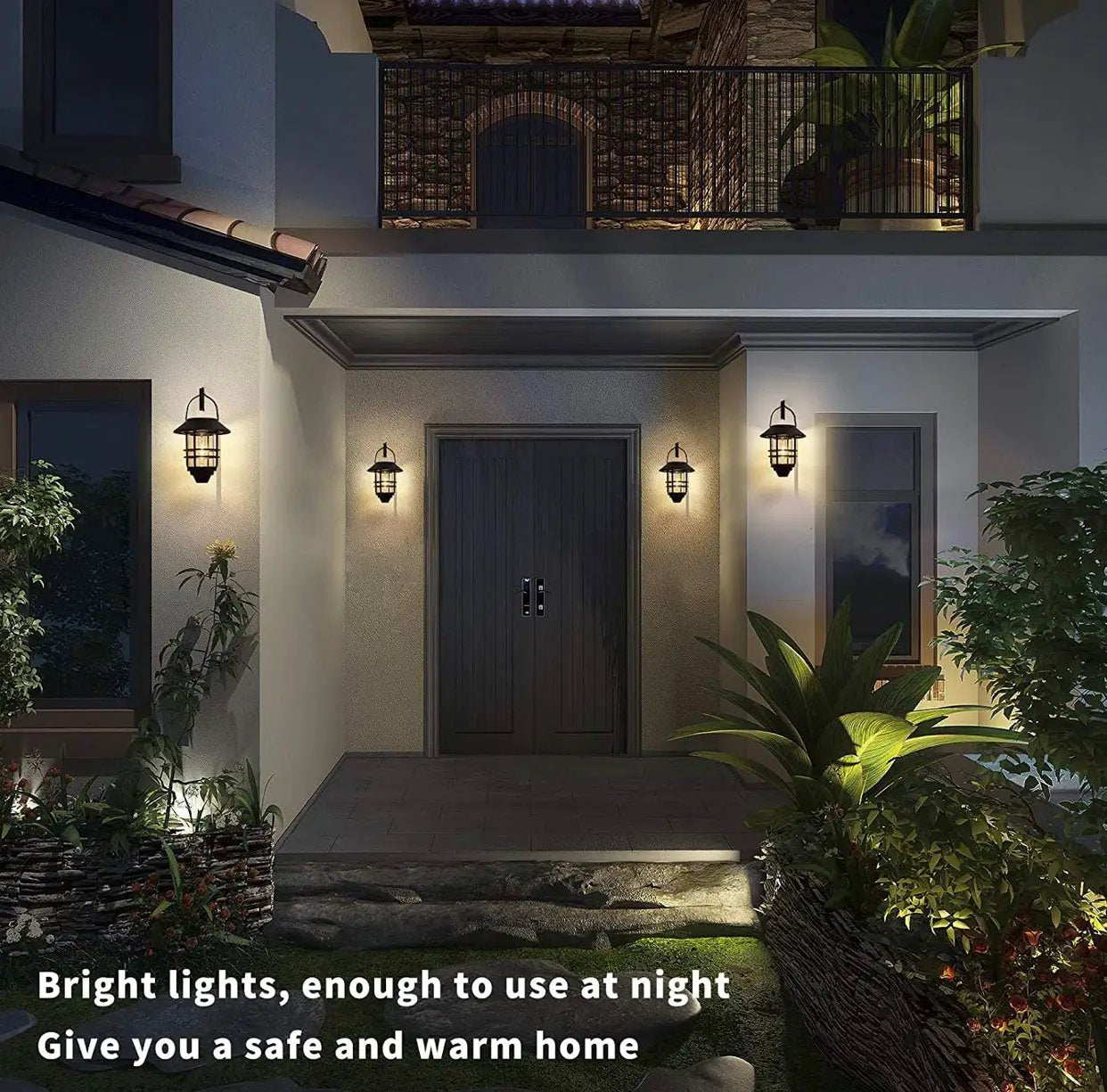 2 Pack Security Solar Hanging Lanterns , Wall/Porch Lights 15 Lumen Heavy Glass & Stainless by Outdoor Solar Outlet