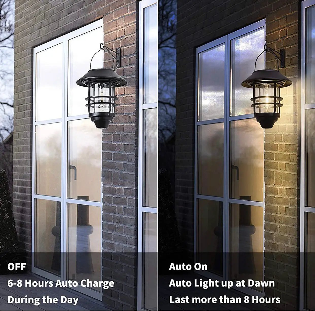2 Pack Security Solar Hanging Lanterns , Wall/Porch Lights 15 Lumen Heavy Glass & Stainless by Outdoor Solar Outlet