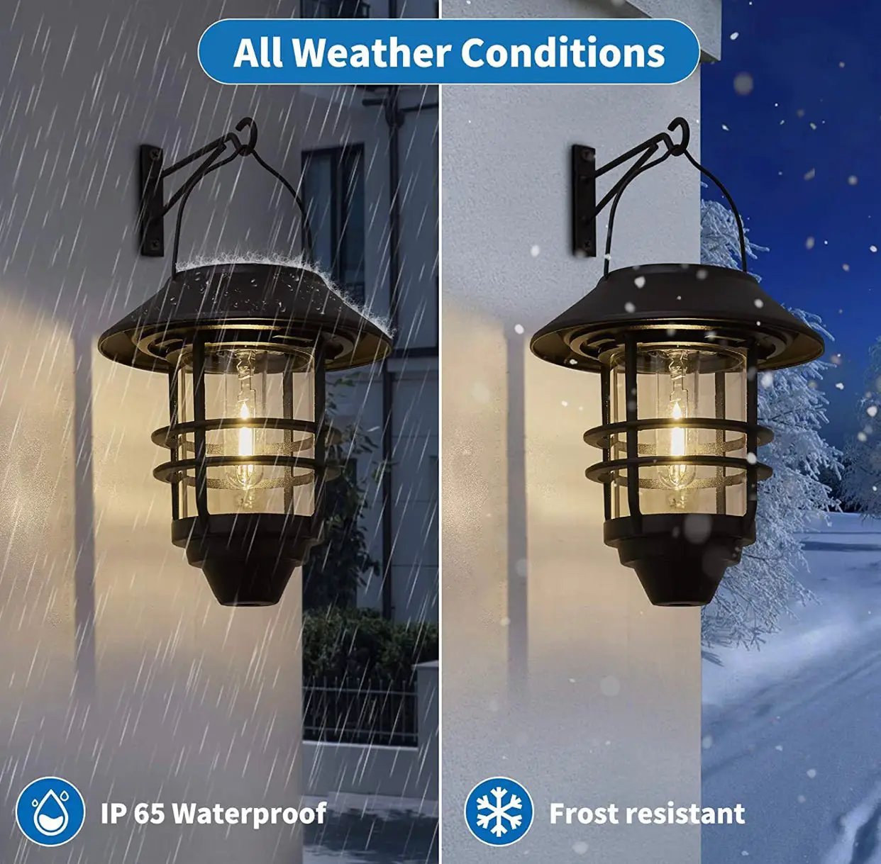 2 Pack Security Solar Hanging Lanterns , Wall/Porch Lights 15 Lumen Heavy Glass & Stainless by Outdoor Solar Outlet