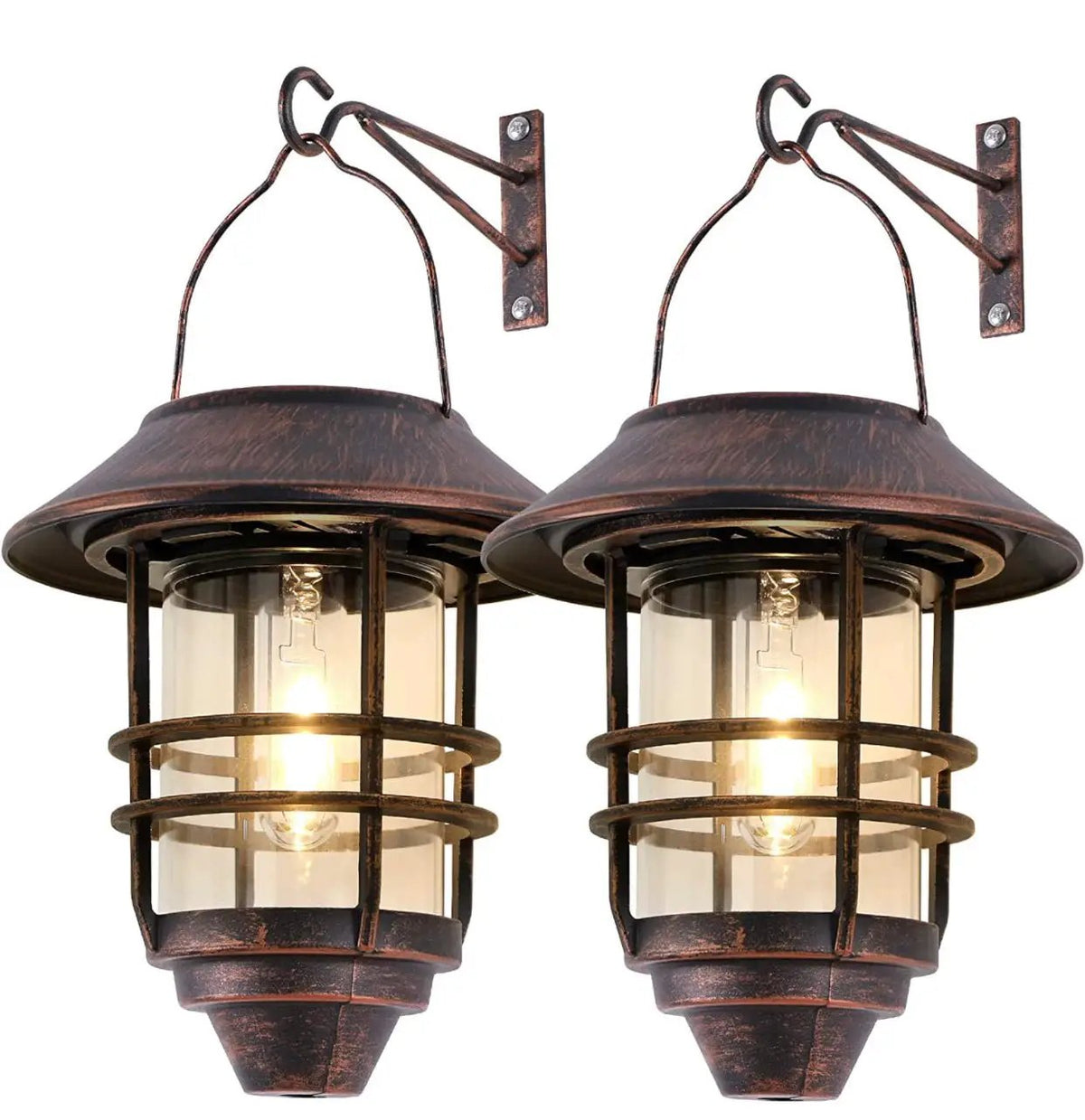 2 Pack Security Solar Hanging Lanterns , Wall/Porch Lights 15 Lumen Heavy Glass & Stainless by Outdoor Solar Outlet