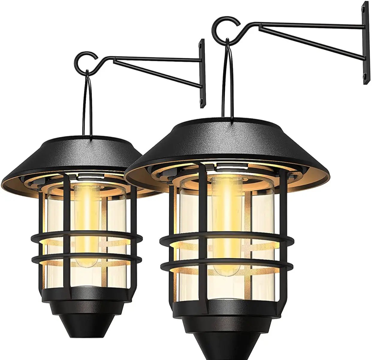 2 Pack Security Solar Hanging Lanterns , Wall/Porch Lights 15 Lumen Heavy Glass & Stainless by Outdoor Solar Outlet
