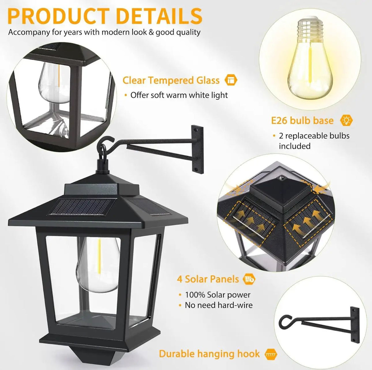 2 Pack SmartYard Solar Wall Hanging Lanterns with Replaceable Bulb, 4 Solar Panels,Anti-Rust by Outdoor Solar Outlet