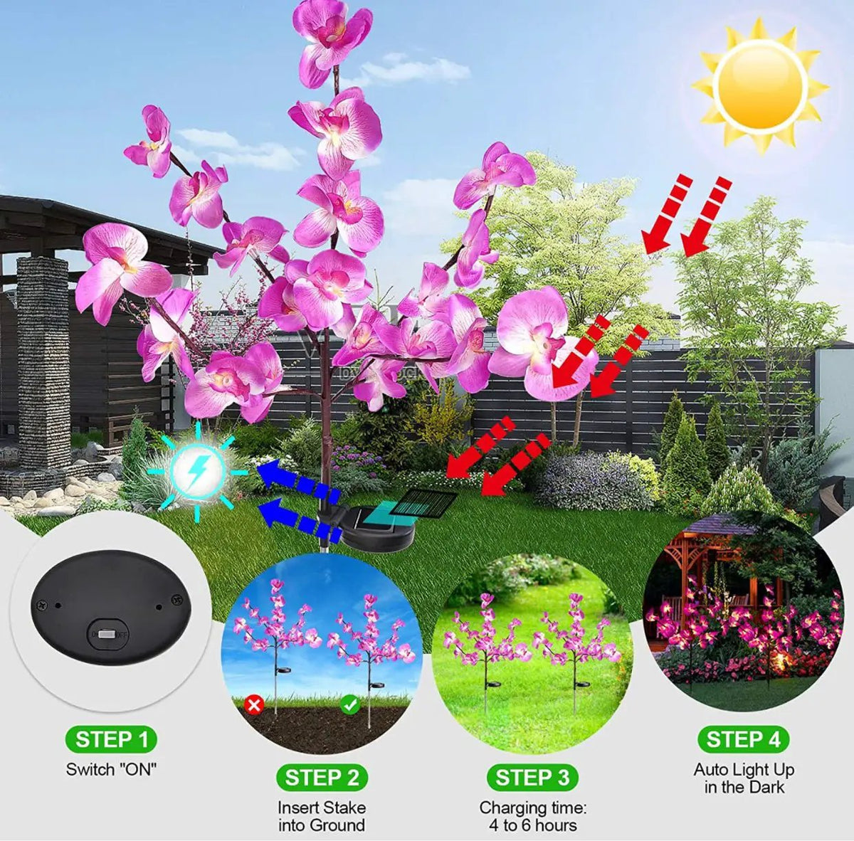 2 Pack Solar Orchid Flower Lights -40 Flowers by Outdoor Solar Outlet