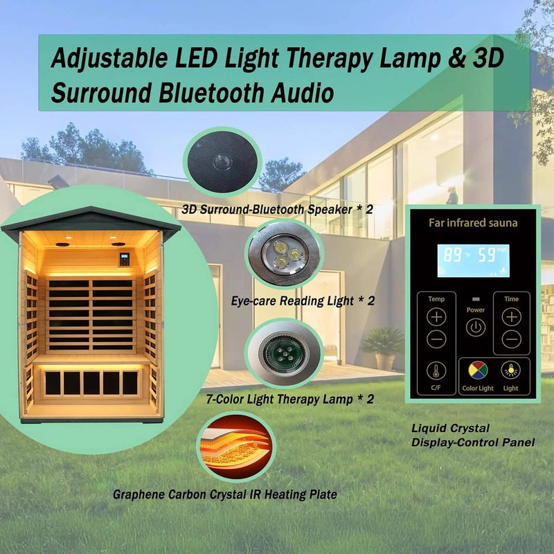 Thermora Riva Premium 2-Person Black Carbonized Walnut Low EMF Far Infrared Outdoor Sauna With Bluetooth Audio And LED Lighting (SAK16850) by SAKSBY WHOLESALE
