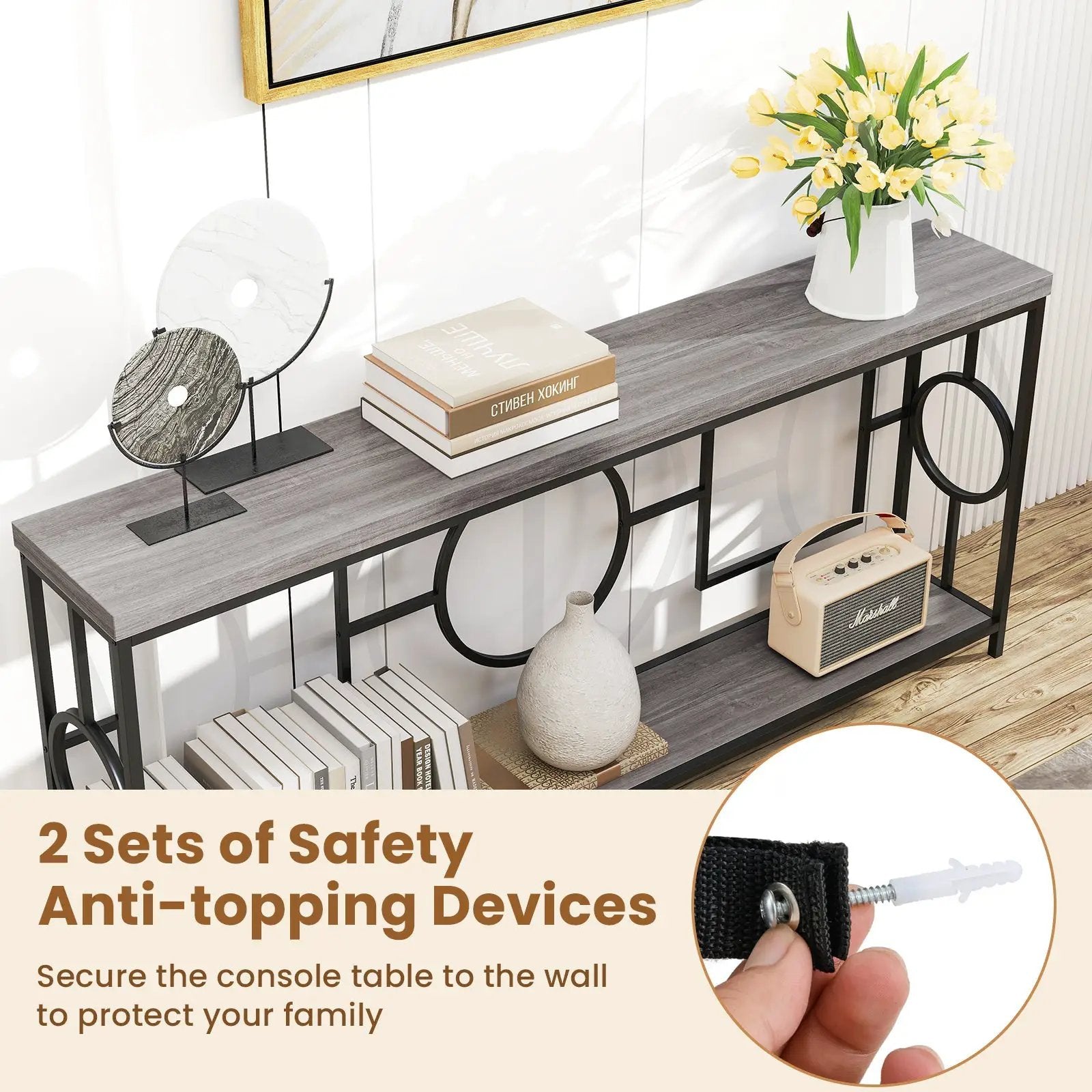 2-Tier Faux Marble Top Console Table with Storage Shelf for Hallway-Rustic Brown by DirectDeals
