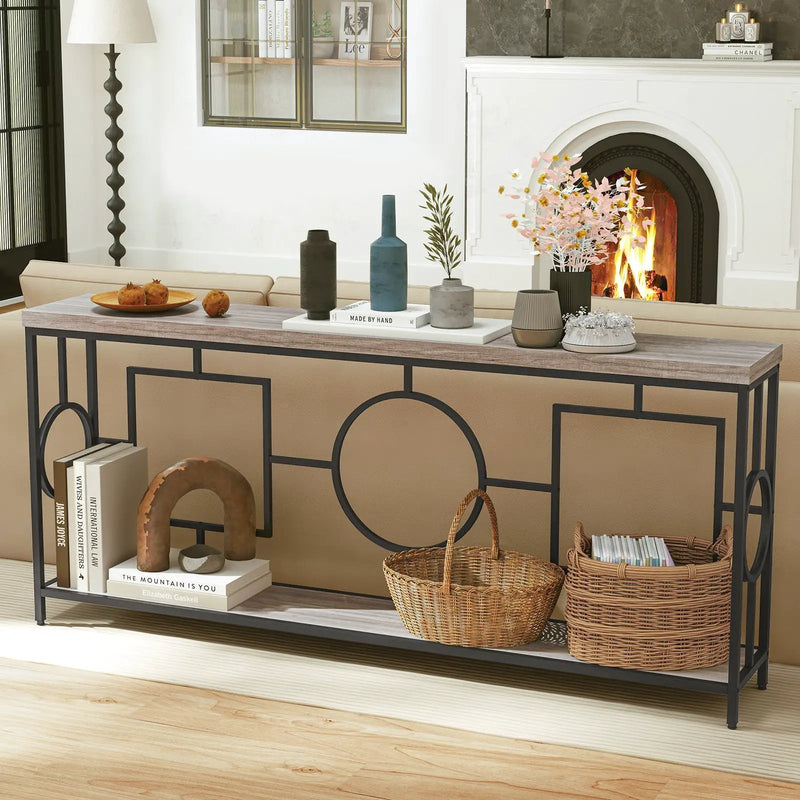 2-Tier Faux Marble Top Console Table with Storage Shelf for Hallway-Rustic Brown by DirectDeals