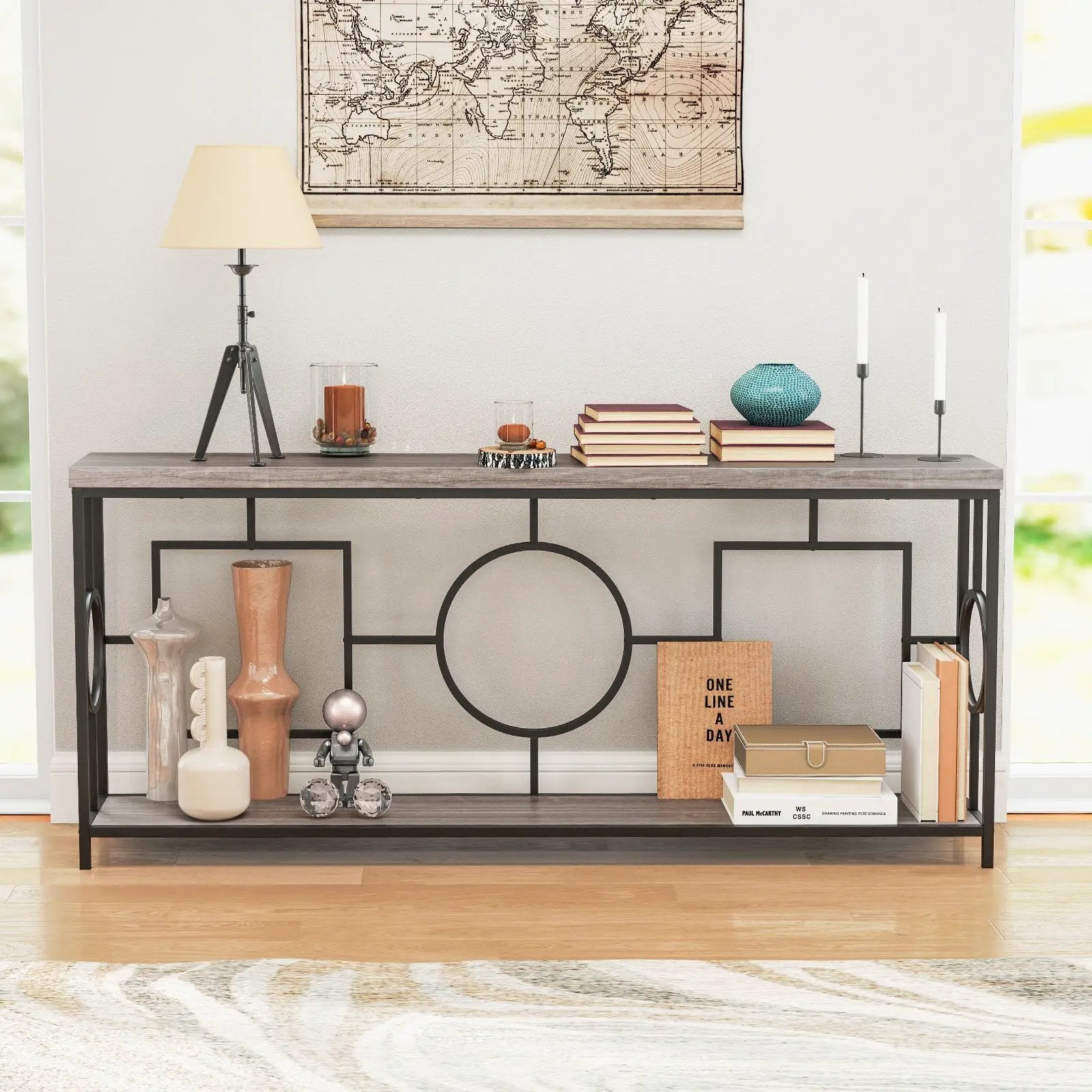 2-Tier Faux Marble Top Console Table with Storage Shelf for Hallway-Rustic Brown by DirectDeals