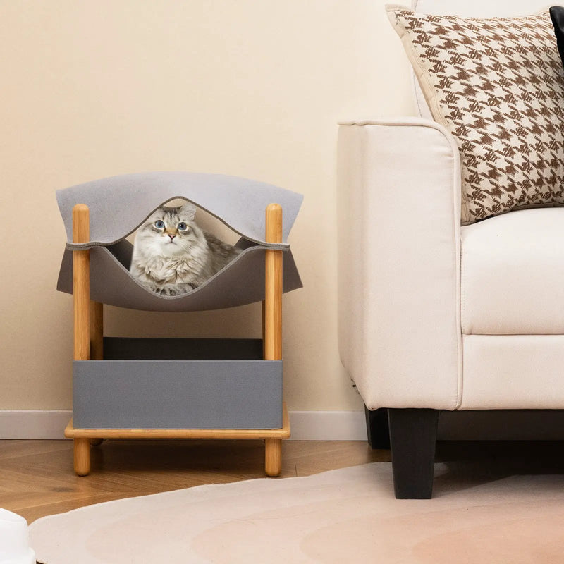 2-Tier Wooden Cat House with Semi-enclosed Condo and Removable Clothes-Gray by DirectDeals