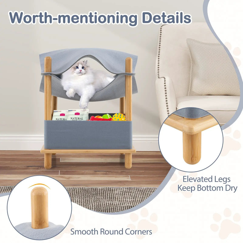 2-Tier Wooden Cat House with Semi-enclosed Condo and Removable Clothes-Gray by DirectDeals