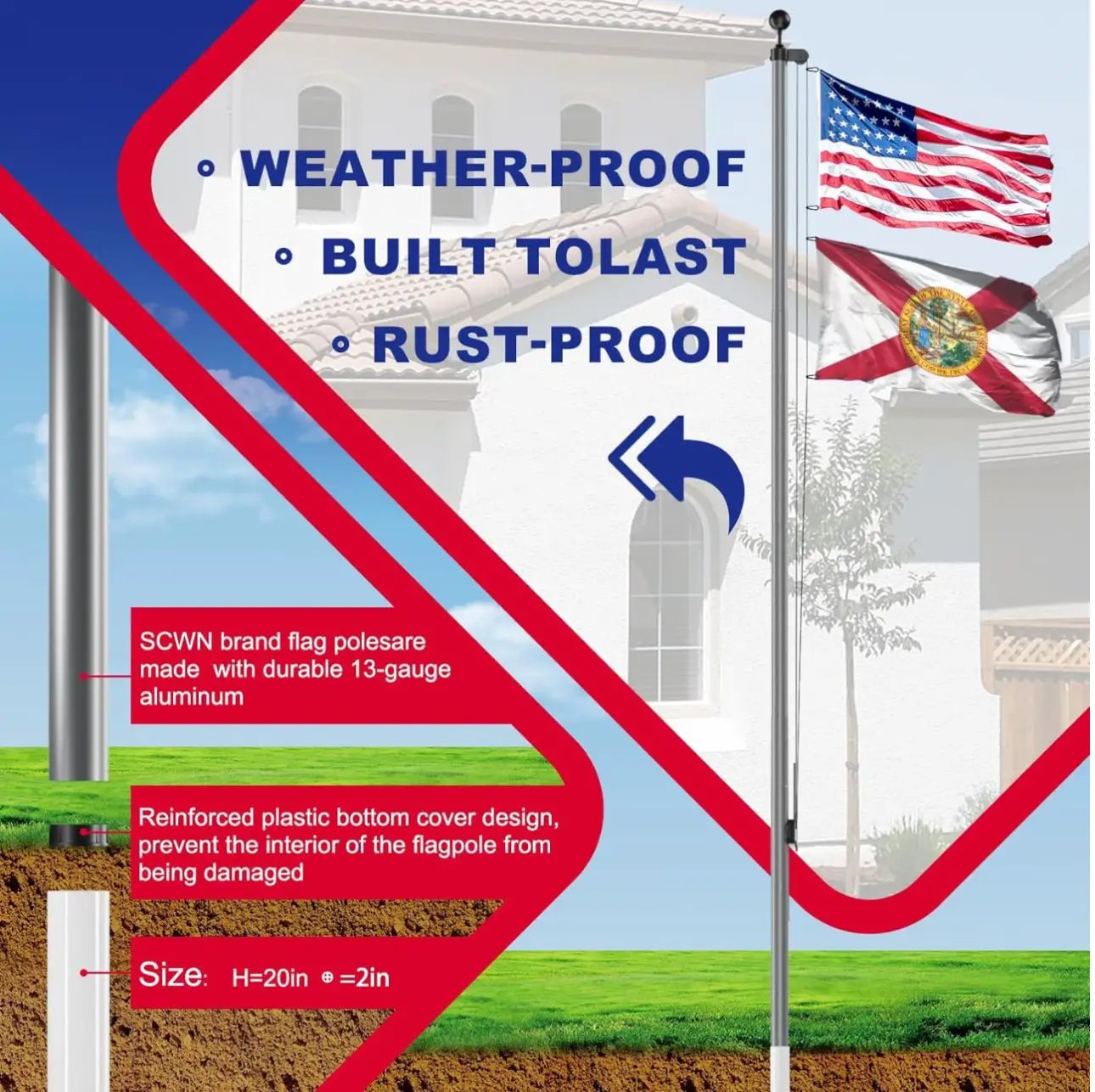 20 FT Flag Pole Heavy Duty Kit for Yard - Extra Thick Outdoor Flag Poles with 3x5 American Flag for Residential or Commercial by Outdoor Solar Outlet