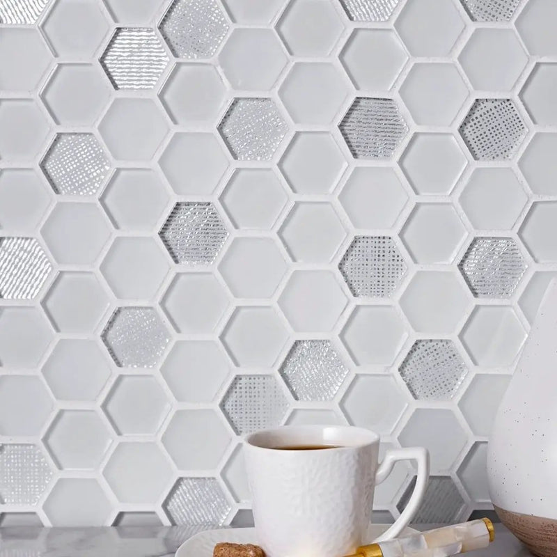 White 12x12 Glossy Matte Hexagon Glass Mosaic Tile (5 pack, 4.83 sq ft/case) by Apollo Tile