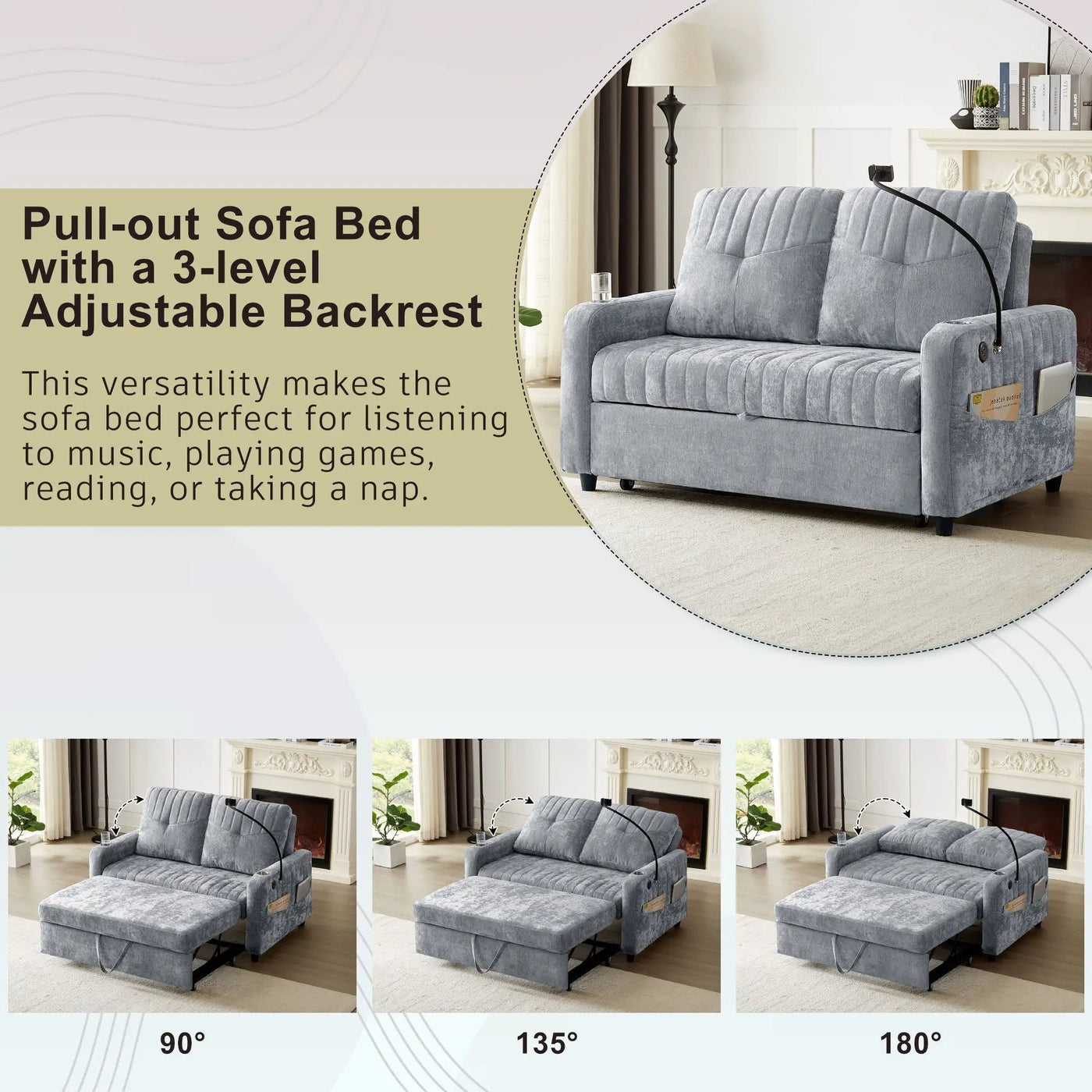 Modern Loveseat Pull Out Sofa Bed With Adjustable Backrest, Two Cup Holders, A Phone Holder, Three Charging Ports And Side Storage Pockets For Living Room by Unique Piece Furniture