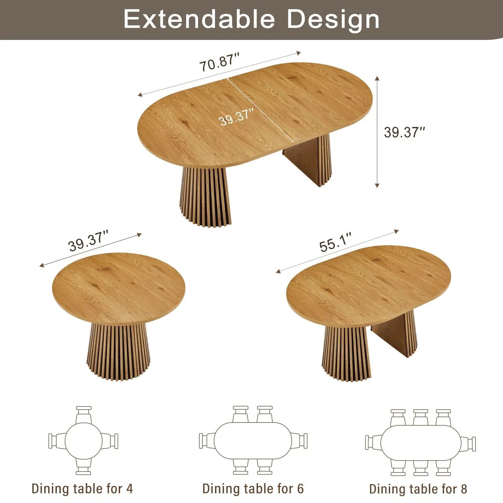 Dining Table, Flexible Extendable Oval Design With Slatted Legs - Natural Wood by HouseOfZazla