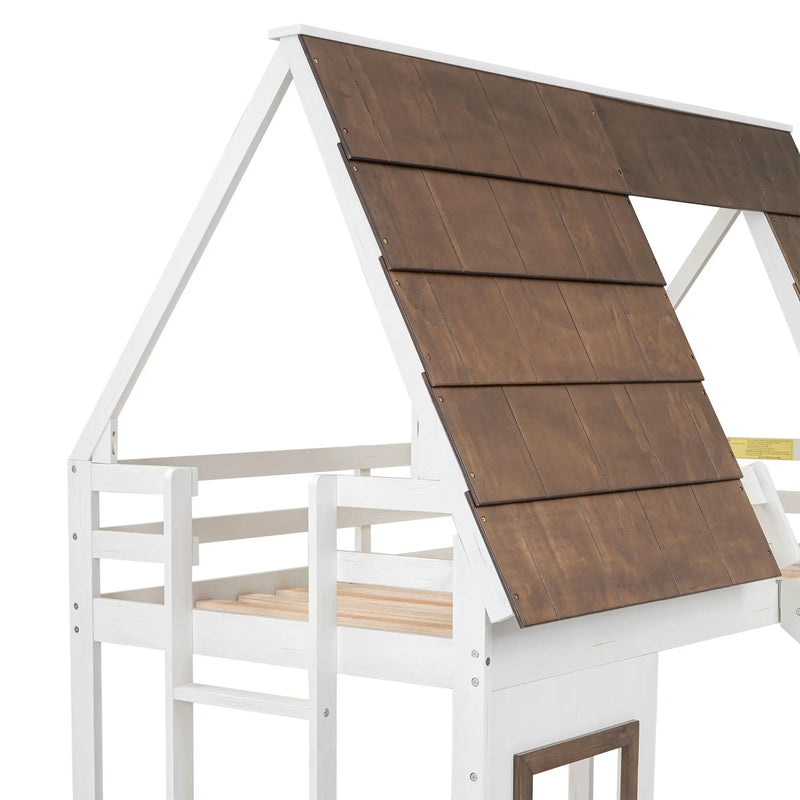 Wood Twin Size House Bunk Bed With Roof, Ladder And Slide - White / Brown by HouseOfZazla