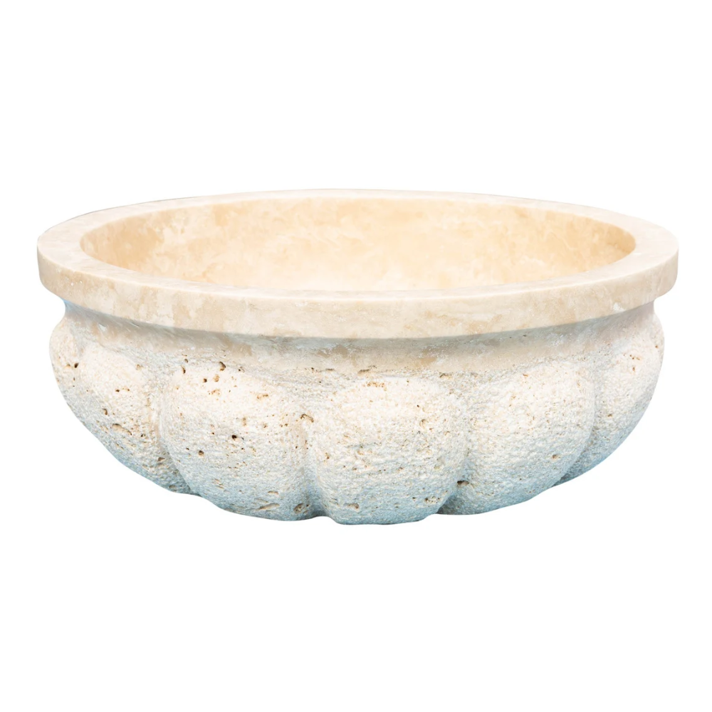 Light Travertine Pumpkin Shaped Vessel Sink Honed Natural Stone 16 x 6 Inches by GobekDesign