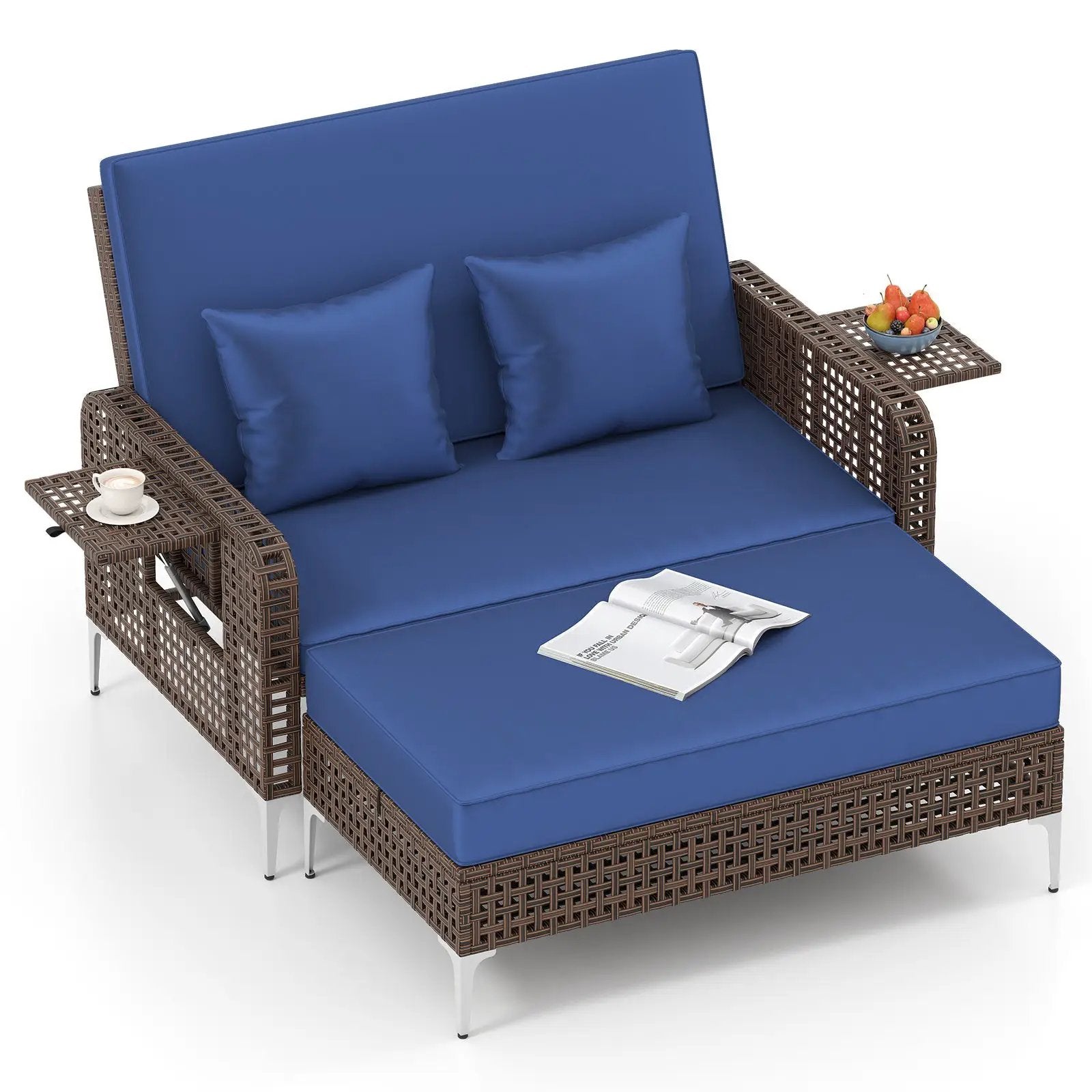 2 Piece Patio Rattan Daybed Wicker Loveseat and Ottoman with Adjustable Backrest by DirectDeals