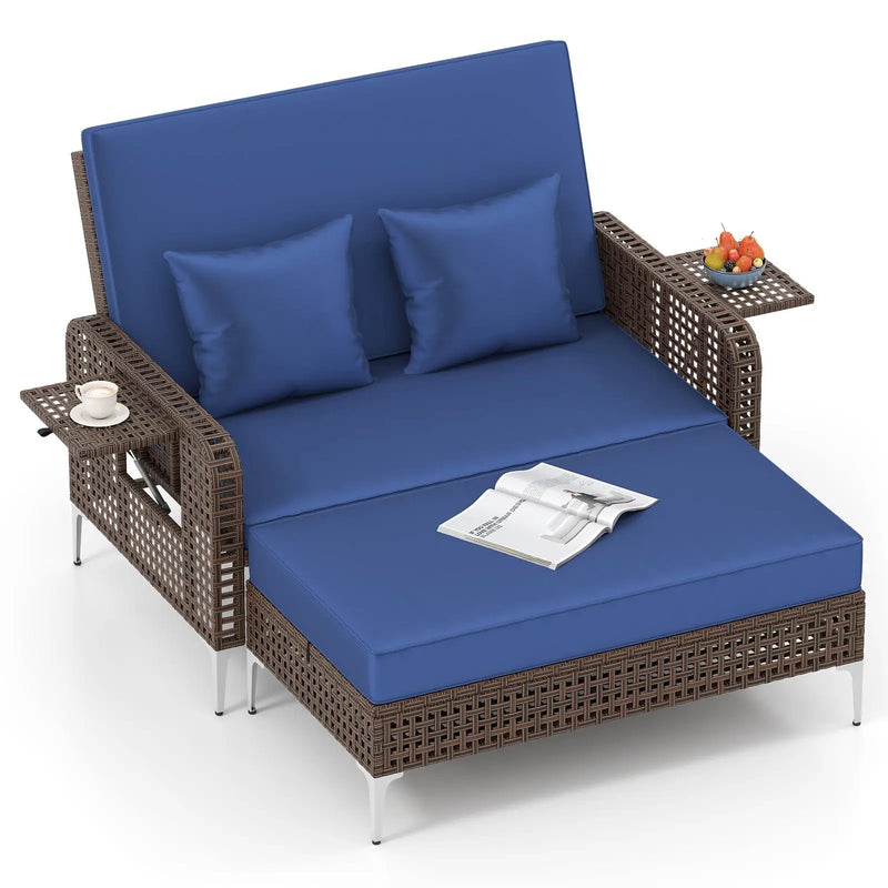 2 Piece Patio Rattan Daybed Wicker Loveseat and Ottoman with Adjustable Backrest by DirectDeals