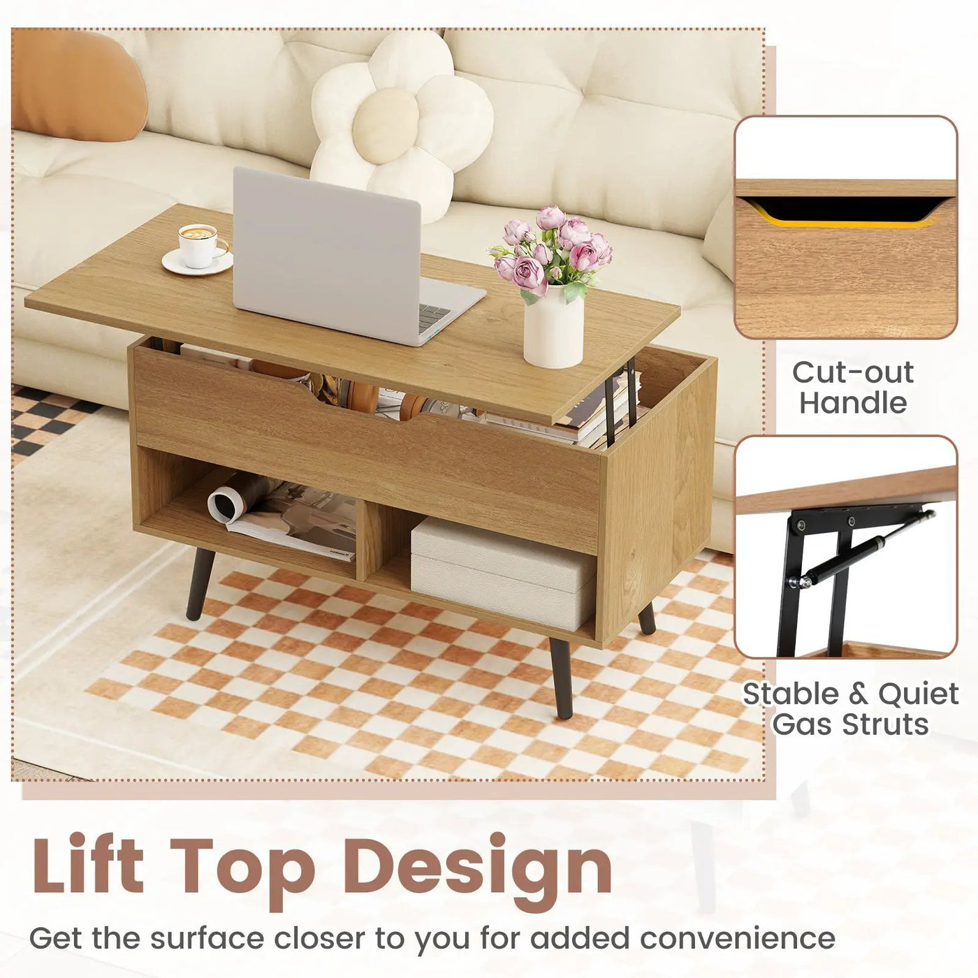 31.5 Inch Lift-Top Coffee Table with Hidden Storage and 2 Open Shelves by DirectDeals