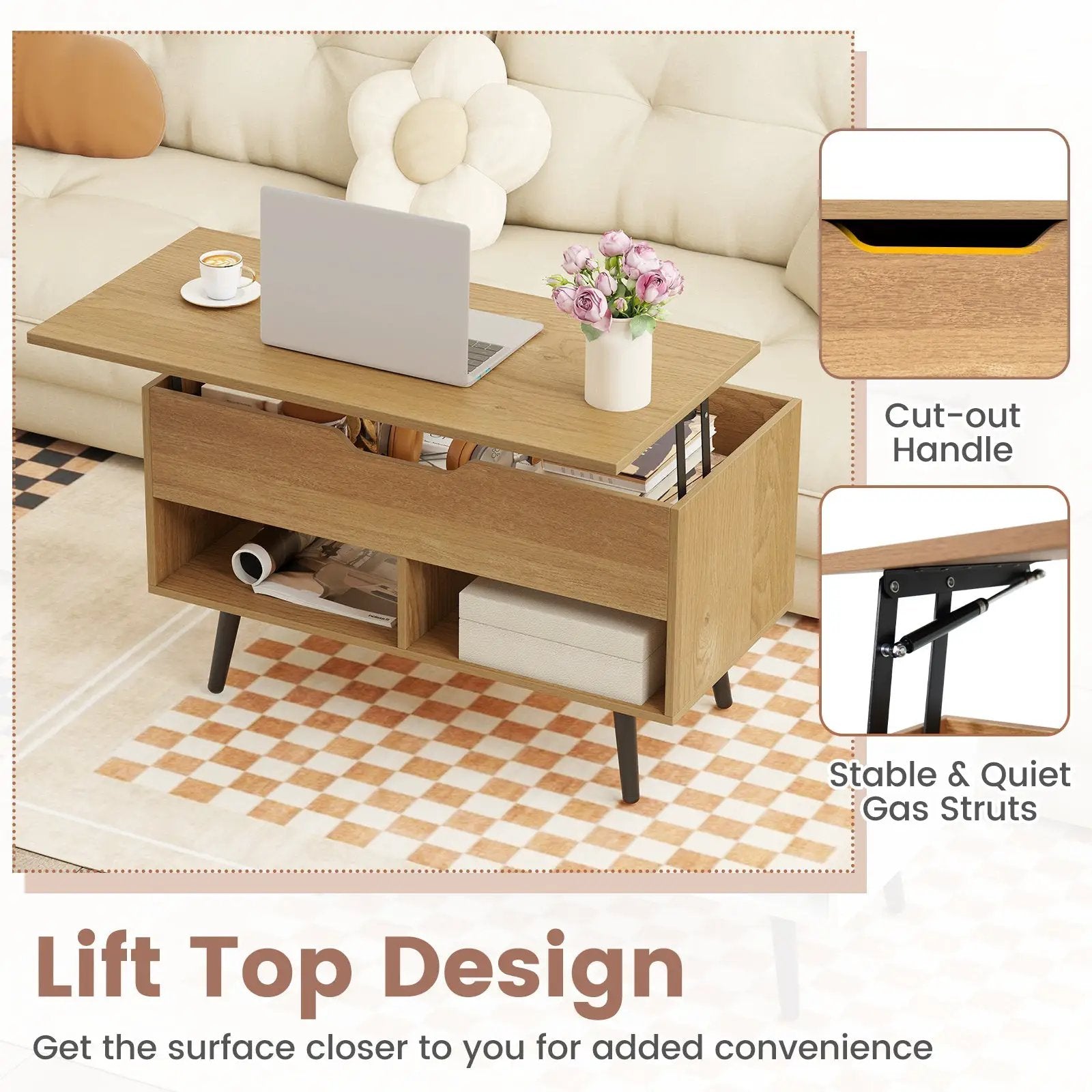 31.5 Inch Lift-Top Coffee Table with Hidden Storage and 2 Open Shelves by DirectDeals
