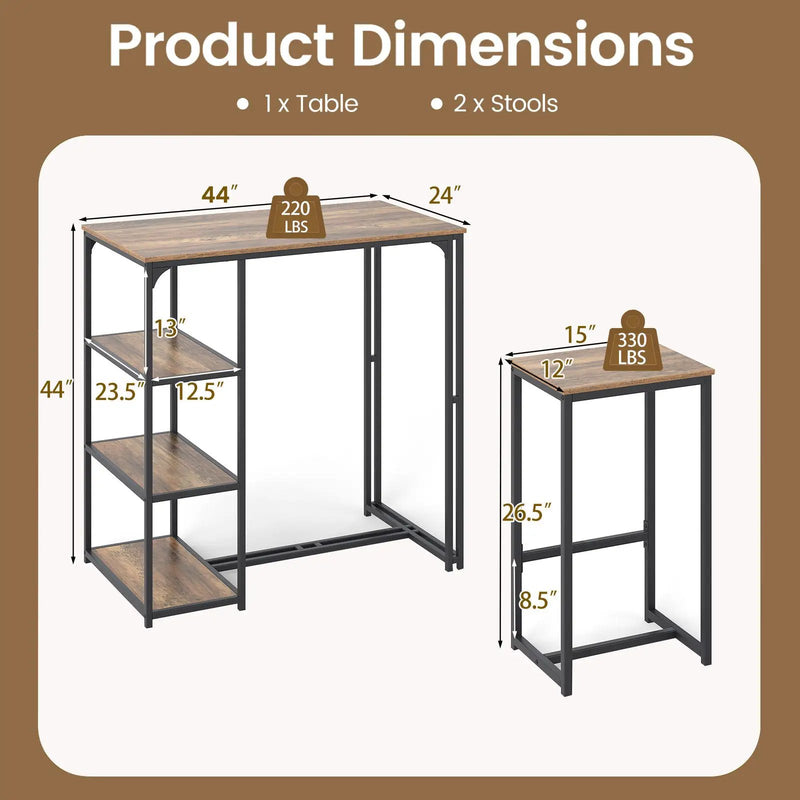 3-Piece Bar Table Set for 2 Bar-Height Dining Table with 2 Stools-Rustic Brown by DirectDeals