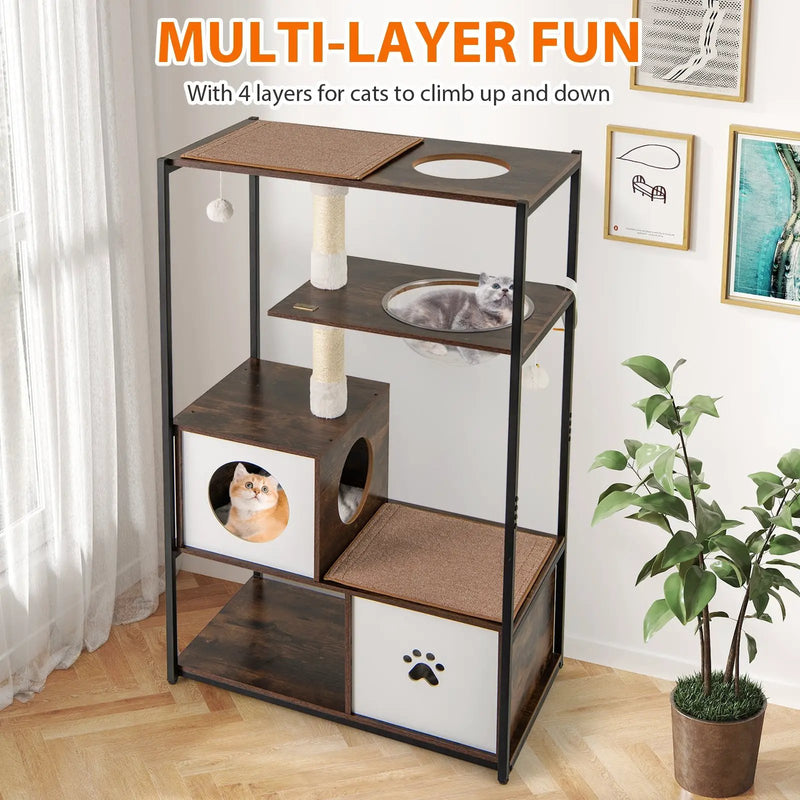 52 Inch Tall Wooden Cat Tree Metal Frame with 2 Condos and Cushions-Coffee by DirectDeals