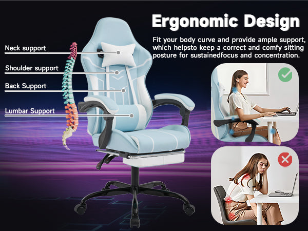 Ergonomic Gaming Chair with Footrest and Lumbar Support - Blue White, photo 8 of 10