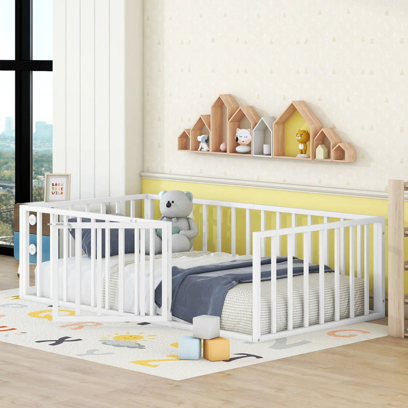 Metal Floor Bed Frame With Fence And Door by HouseOfZazla