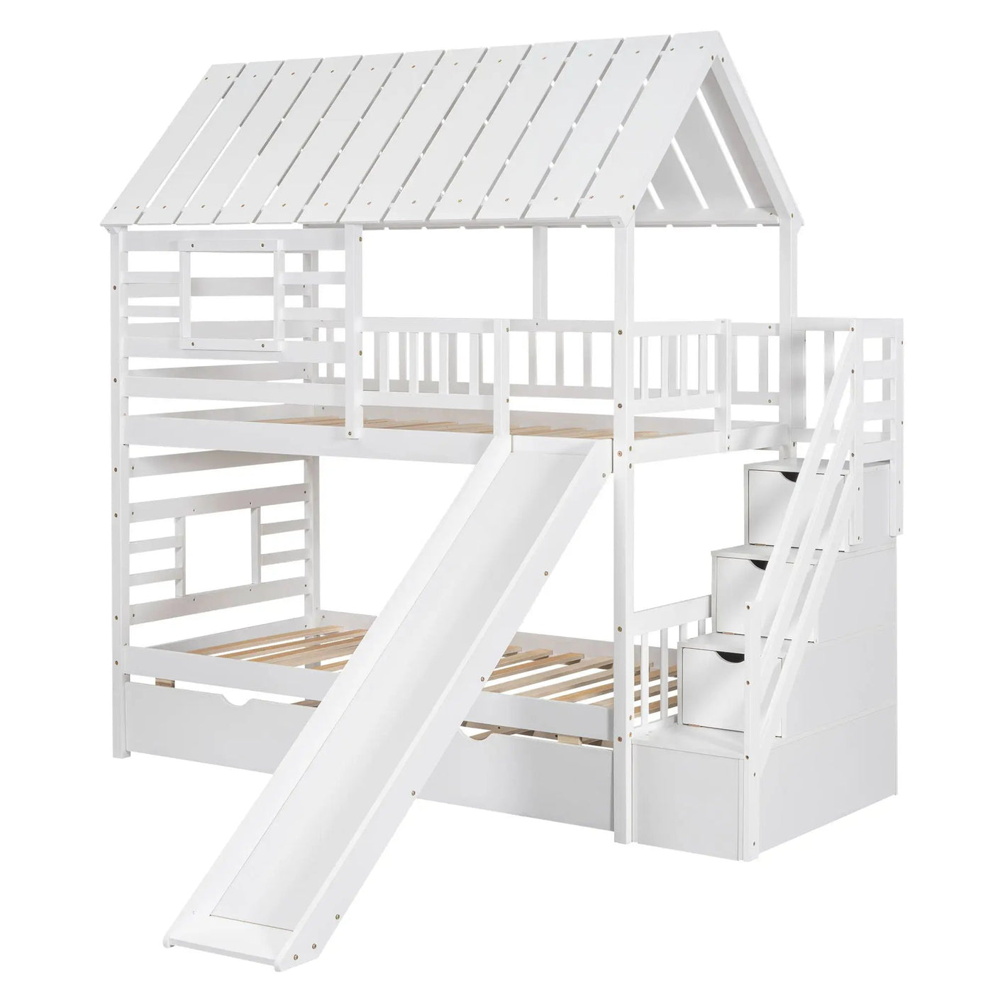 House Bunk Bed With Trundle, Storage Staircase, Roof And Window Design by HouseOfZazla