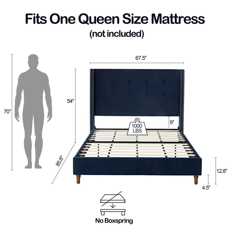 Peyton Upholstered Queen Bed with 54' High Headboard and Traditional Buttoned Tufting in Blue Velvet by BLAKHOM