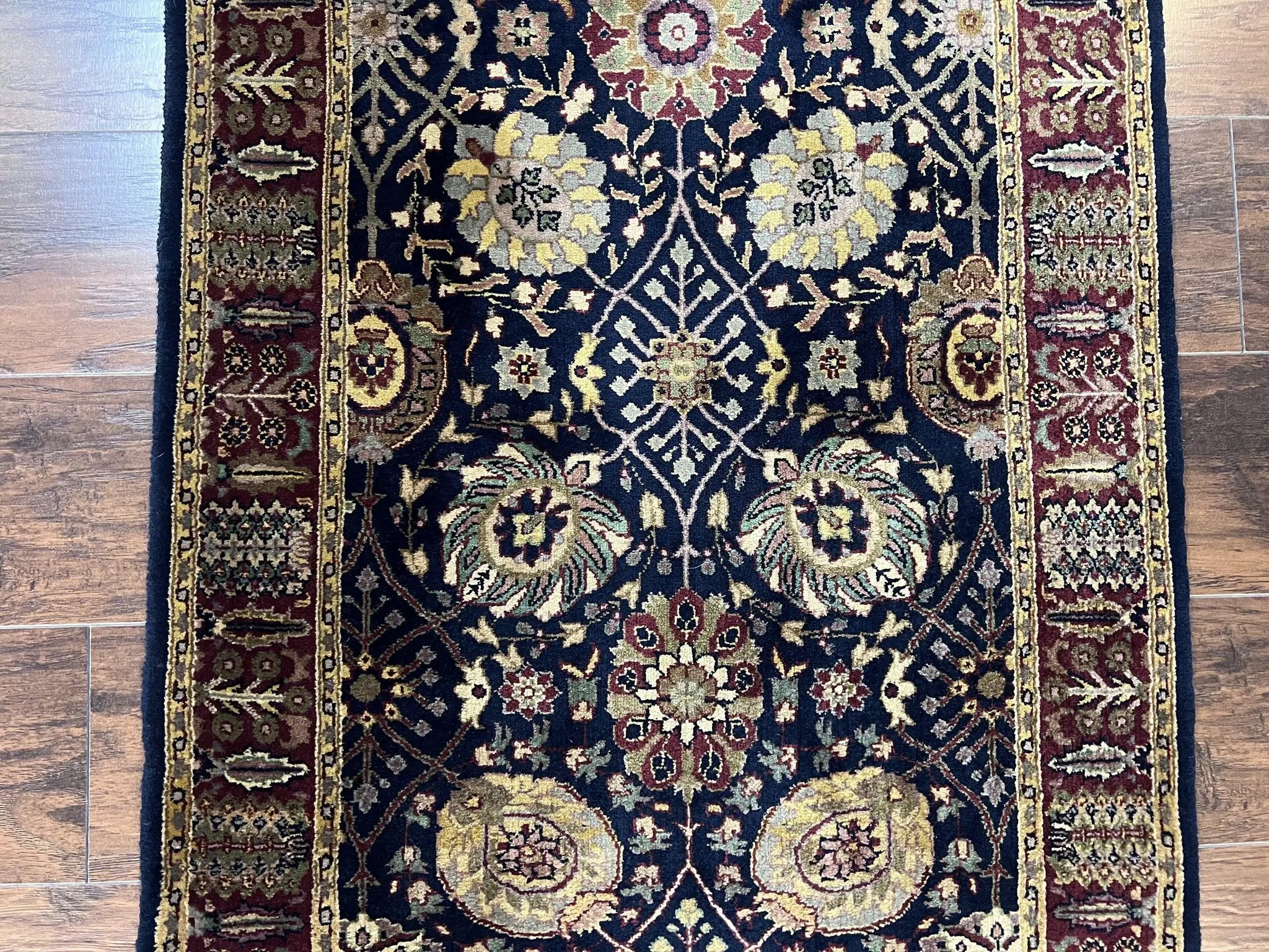 Indo Persian Runner 2.8 x 18, Long Skinny Hallway Wool Runner Rug, Hand Knotted Vintage Floral Allover Traditional Runner Dark Blue Burgundy by Jewel Rugs