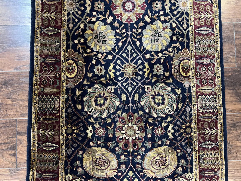 Indo Persian Runner 2.8 x 18, Long Skinny Hallway Wool Runner Rug, Hand Knotted Vintage Floral Allover Traditional Runner Dark Blue Burgundy by Jewel Rugs