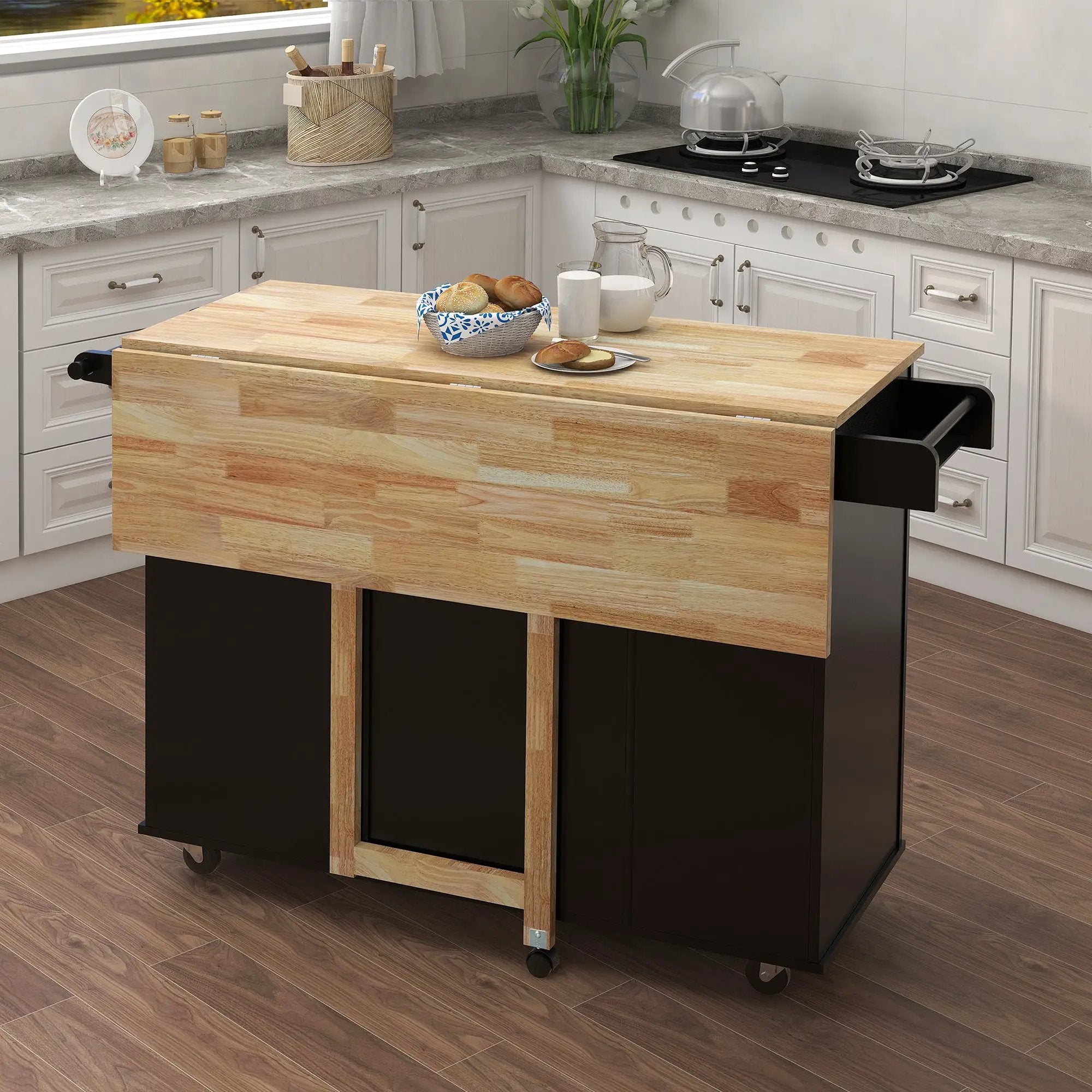 Kitchen Island with Spice Rack, Towel Rack and Extensible Solid Wood Top - Black by HouseOfZazla