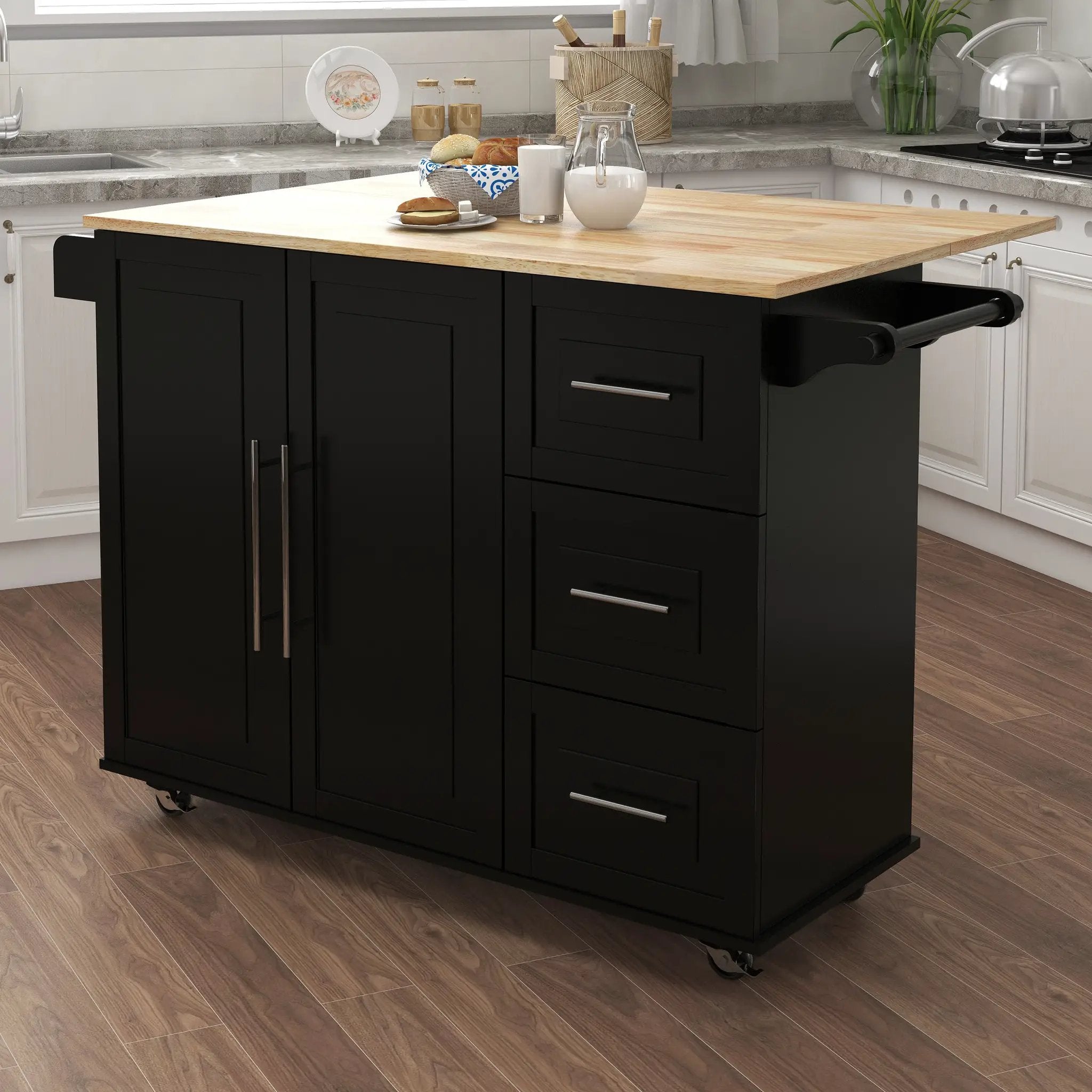 Kitchen Island with Spice Rack, Towel Rack and Extensible Solid Wood Top - Black by HouseOfZazla