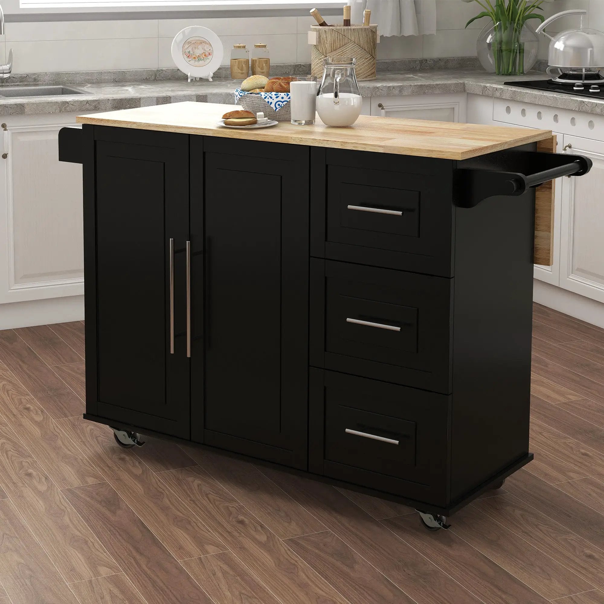 Kitchen Island with Spice Rack, Towel Rack and Extensible Solid Wood Top - Black by HouseOfZazla