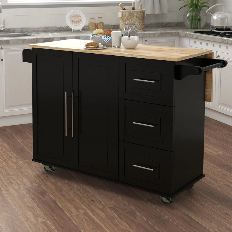 Kitchen Island with Spice Rack, Towel Rack and Extensible Solid Wood Top - Black by HouseOfZazla