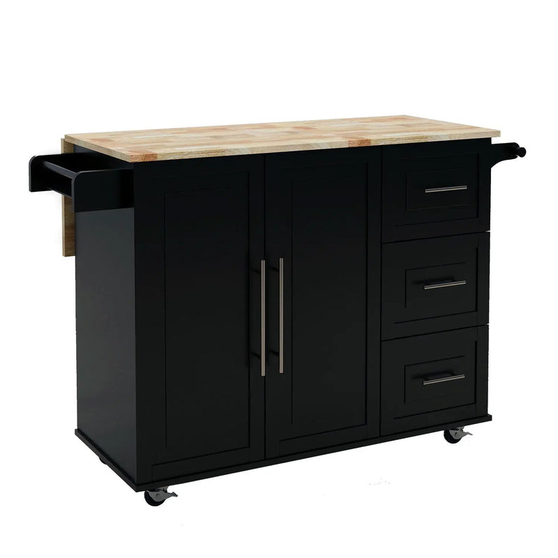 Kitchen Island with Spice Rack, Towel Rack and Extensible Solid Wood Top - Black by HouseOfZazla