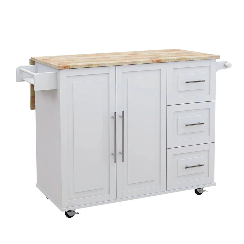 Kitchen Island with Spice Rack, Towel Rack and Extensible Solid Wood Table Top - White by HouseOfZazla