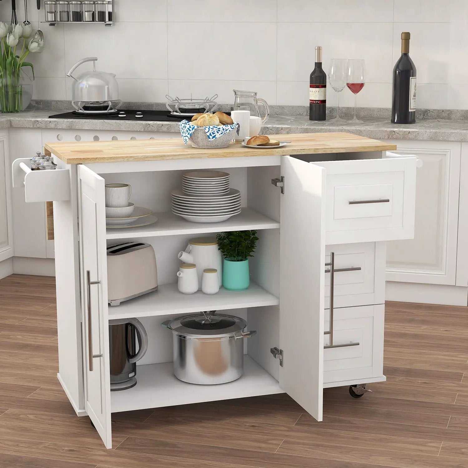 Kitchen Island with Spice Rack, Towel Rack and Extensible Solid Wood Table Top - White by HouseOfZazla