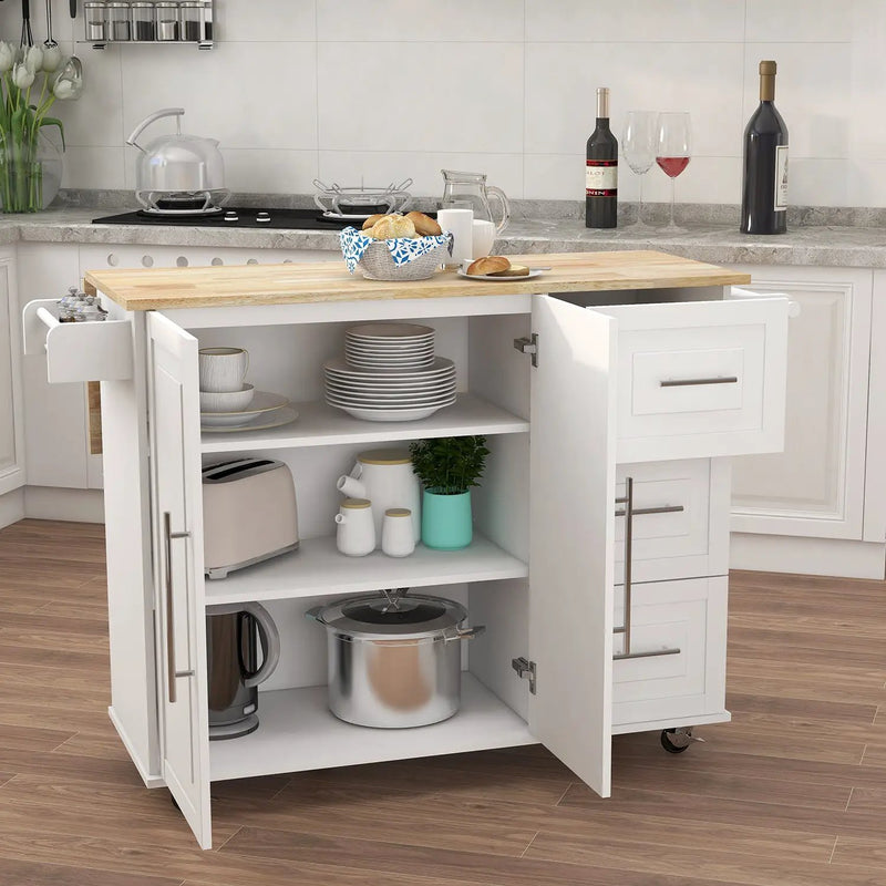 Kitchen Island with Spice Rack, Towel Rack and Extensible Solid Wood Table Top - White by HouseOfZazla
