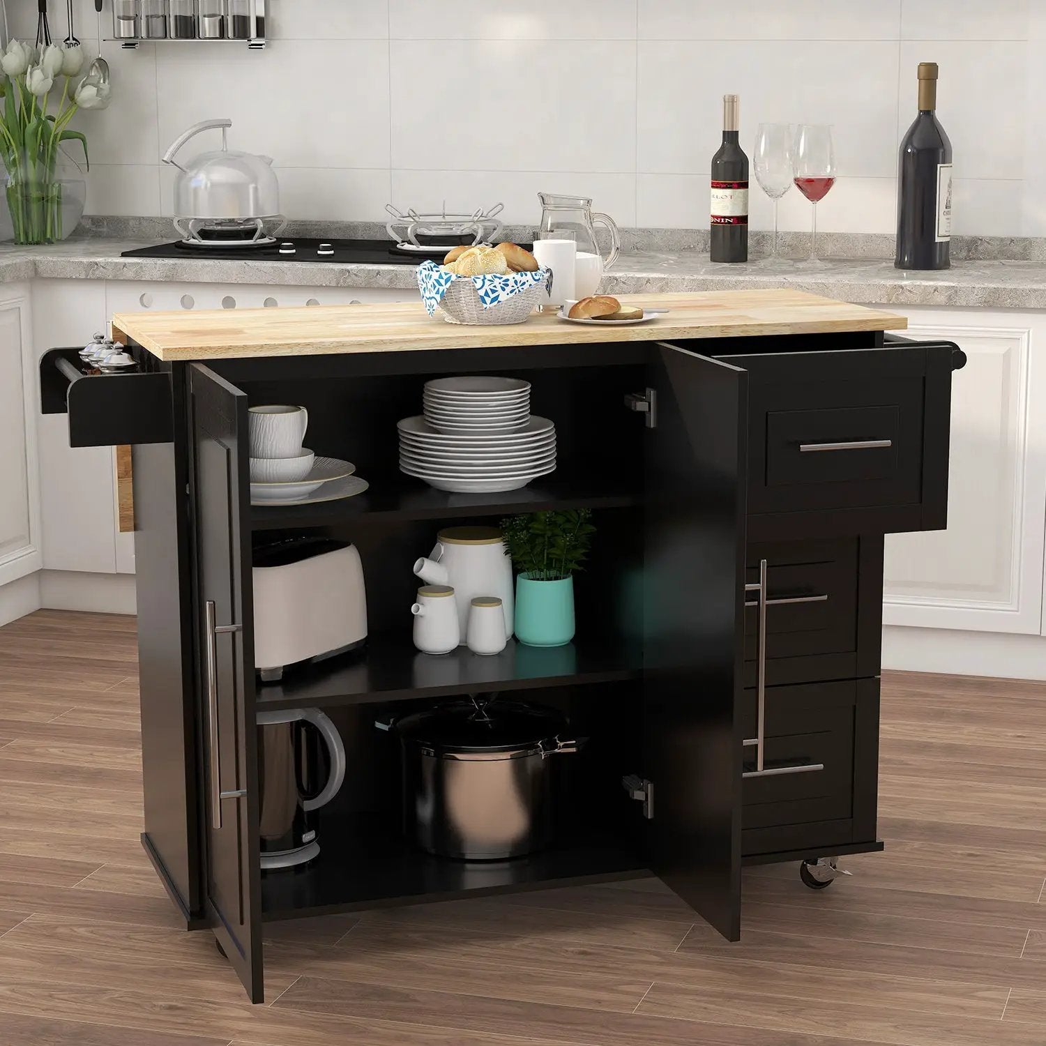 Kitchen Island with Spice Rack, Towel Rack and Extensible Solid Wood Top - Black by HouseOfZazla