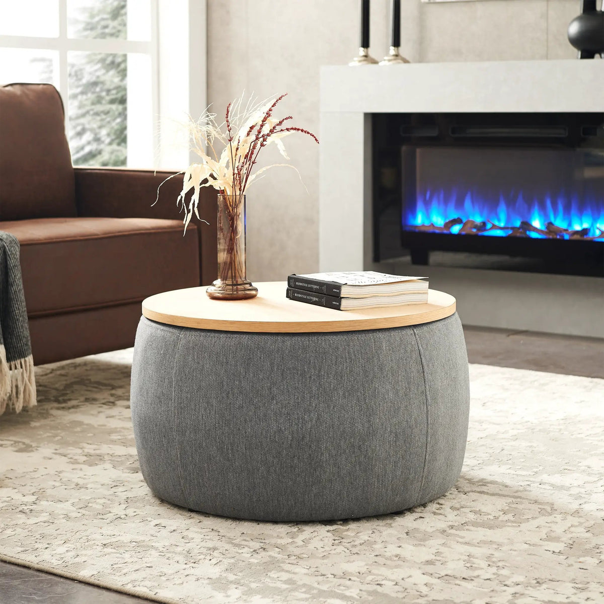 Round Storage Ottoman, 2 in 1 Function, Dark by HouseOfZazla