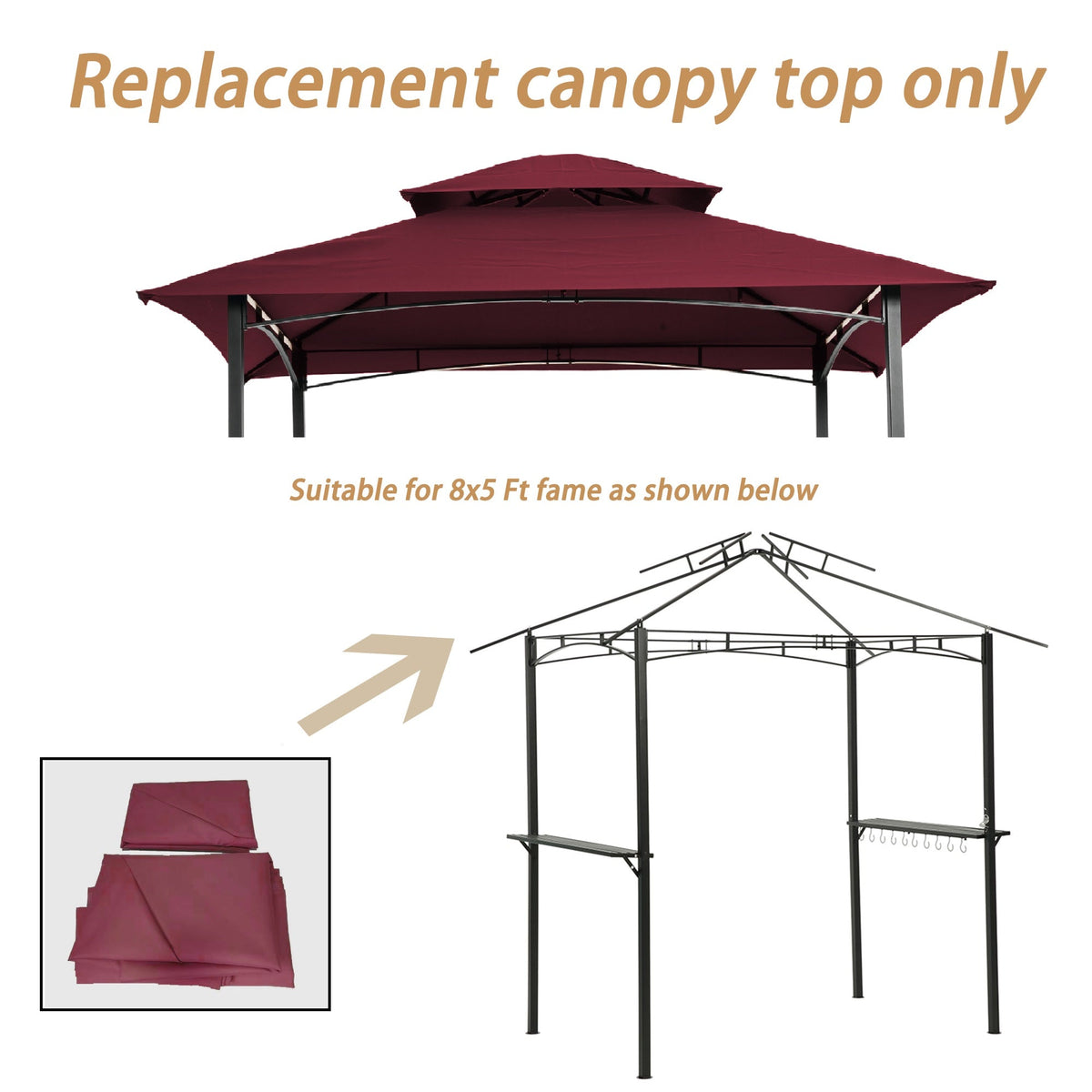 8x5Ft Grill Gazebo Replacement Canopy with Double-Tiered Roof - Brown, Burgundy, or Beige, photo 8 of 10