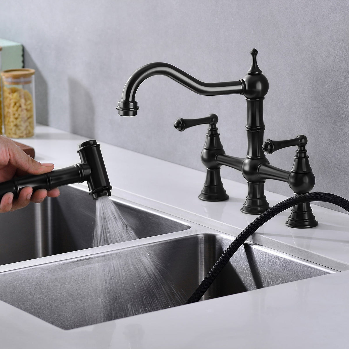 Bridge Dual Handles Kitchen Faucet with Pull-Out Side Spray - Brass, photo 4 of 10