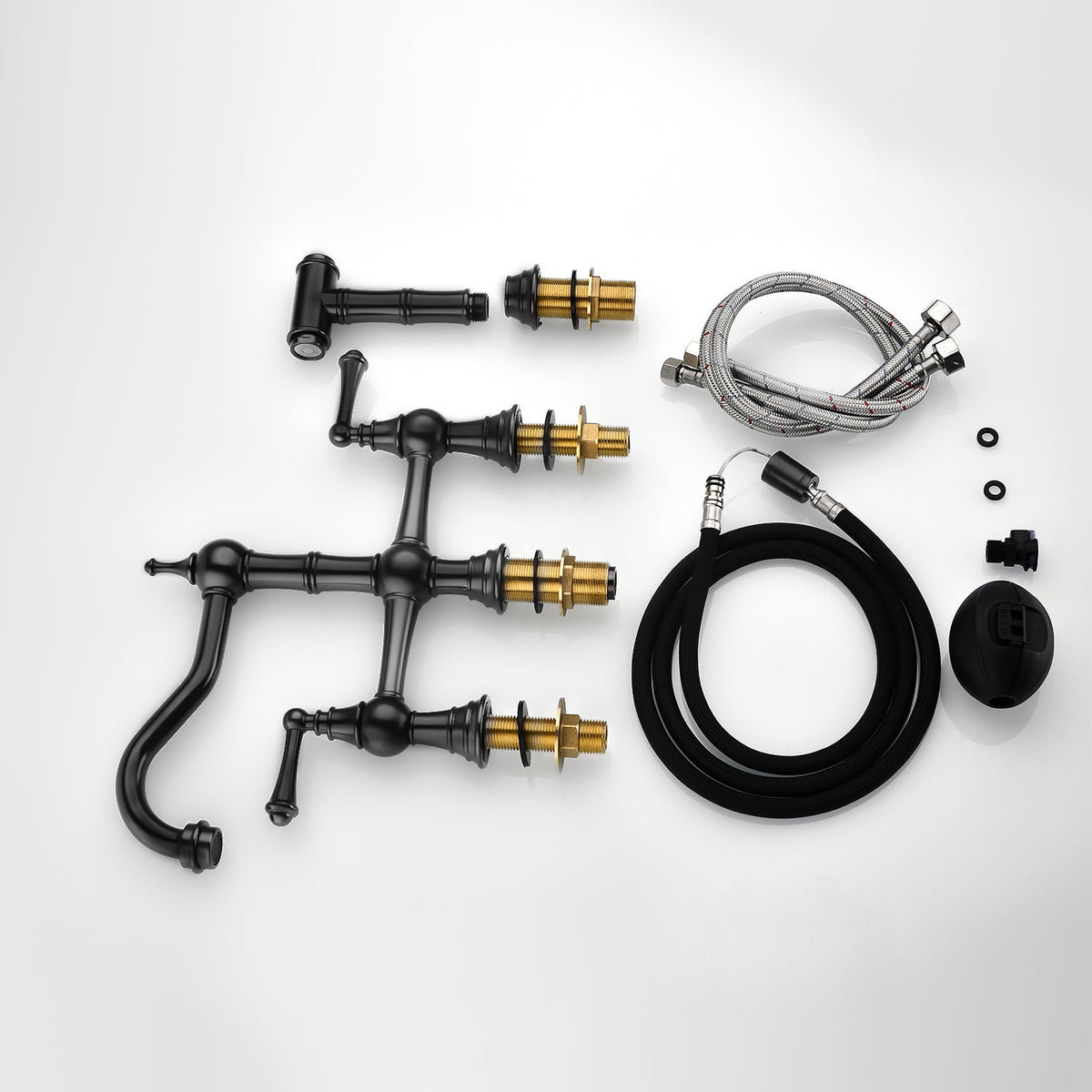Bridge Dual Handles Kitchen Faucet with Pull-Out Side Spray - Brass, photo 8 of 10